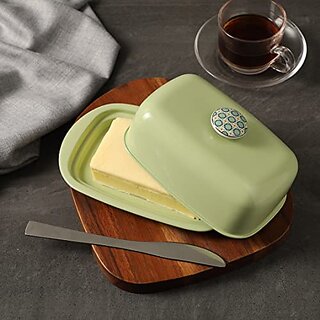                       Dudki Stainless Steel Butter Dish Storage Box Organizer With Ceramic Knob Design (500 Gram) (Pistachio Green)                                              