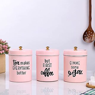                       Dudki Quoted Stainless Steel Round Canister/Kitchen Storage For Tea Coffee Sugar Pack Of 3 (Pink)                                              