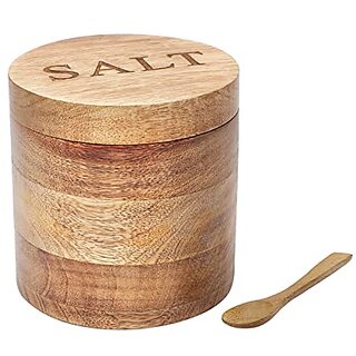                       Dudki Wooden Salt Box With Magnetic Lid  Wooden Spoon Round Salt Container Bowl Pot Jar Salt Box  Mango Wood For Dinning Table Kitchen Home Seasonings                                              
