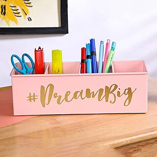                       Dudki Stylish Desk Organizer For Office Table With 4 Compartments  Metal Desk Organizer Stationary Storage Stand Pen Pencil Holder For Office Home And Study Table (Dream Big) Light Pink                                              