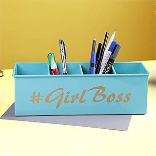                       Dudki Stylish Quoted Desk Organizer For Office Table With 4 Compartments  Metal Desk Organizer Stationary Storage Stand Pen Pencil Holder For Office Home And Study Table (Girl Boss) Aqua                                              