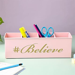                       Dudki Stylish Quoted Desk Organizer For Office Table With 4 Compartments  Metal Desk Organizer Stationary Storage Stand Pen Pencil Holder For Office Home And Study Table (Believe) Light Pink                                              