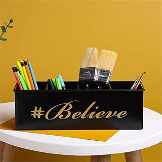                       Dudki Stylish Quoted Desk Organizer For Office Table With 4 Compartments  Metal Desk Organizer Storage Stand Pen Pencil Holder For Office And Study Table (Believe) Texture Black                                              