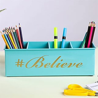                       Dudki Stylish Quoted Desk Organizer For Office Table With 4 Compartments  Metal Desk Organizer Stationary Storage Stand Pen Pencil Holder For Office Home And Study Table (Believe) Aqua                                              