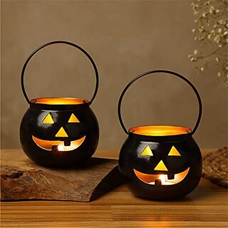                       Dudki Halloween Face Votive Candle Holder Stand Antique Hanging Tealight Lantern For Home Decorations Birthday Parties Christmas Indoor Outdoor Decor  Black (Black)                                              