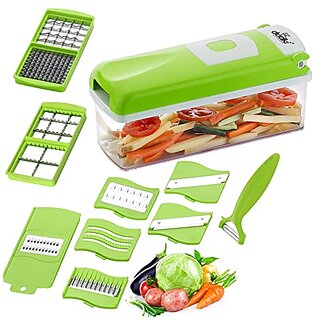                       Dudki 12 In 1 Vegetable Cutter Chopper Slicer Dicer Peeler Chipper For Kitchen Unbreakable Easy-To-Use Food-Grade Body Easy-To-Push Clean Button (Acrylonitrile Butadiene Styrene Green)                                              