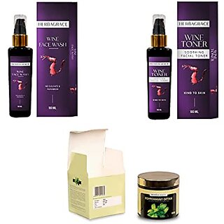 HERBAGRACE Skin Care Kit of Wine Toner 100ml, Wine Face Wash 100ml, Peppermint Detan Pack, 100ml (2 Items in the set)