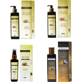 HERBAGRACE Kit Fenugreek Oil, Rice Water Shampoo-Conditioner 200ml Each & Rice Water Facewash 100ml (4 Items in the set)