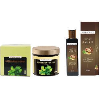 HERBAGRACE Kit Includes Argan Hair Oil 200ml and a Peppermint Tan Removal Face Pack 100ml (2 Items in the set)