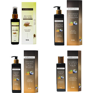                       HERBAGRACE Kit of Fenugreek Hair Oil, Shampoo, Conditioner 200ml Each and Rice Water Facewash 100ml (4 Items in the set)                                              