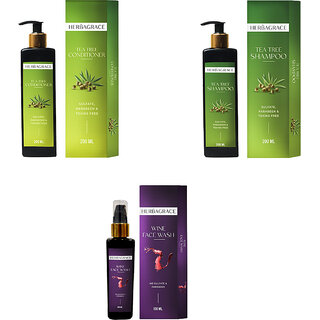                       HERBAGRACE Pack of Red Wine Facewash 100ml, Tea Tree Shampoo 200ml, Tea Tree Conditioner, 200ml (3 Items in the set)                                              