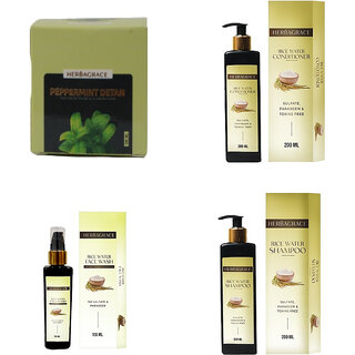                       HERBAGRACE Rice Water Shampoo, Conditioner-200ml Each+ Mint pack & Rice water face wash 100ml Each (4 Items in the set)                                              