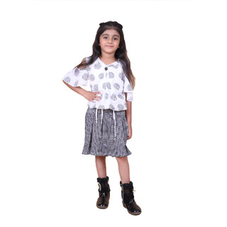                       Kid Kupboard Cotton Girls Top and Skirt, White and Grey, Full-Sleeves, Crew Neck, 7-8 Years KIDS4071                                              