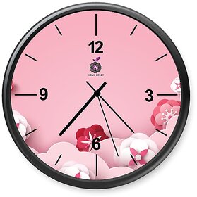 Homeberry- 26cm x 26cm Plastic & Glass Wall Clock - Full Bloom (Floral Design, Pink- Red with Black Frame)