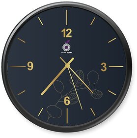 Homeberry- 26cm x 26cm Plastic & Glass Wall Clock - Gold Leaves (Abstract- Minimalistic Design, Navy Blue with Black Frame)