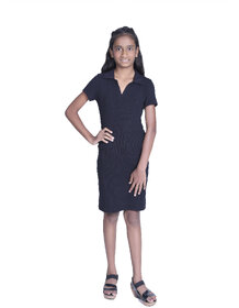 Kid Kupboard Cotton Girls Solid Dress, Black, Half-Sleeves, Collared Neck, 9-10 Years KIDS4077