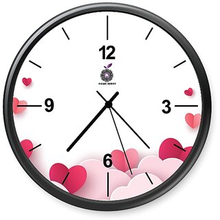 Homeberry- 26cm x 26cm Plastic & Glass Wall Clock - In Love (Hearts, Pink- Red with Black Frame)