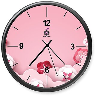 Homeberry- 26cm x 26cm Plastic & Glass Wall Clock - Full Bloom (Floral Design, Pink- Red with Black Frame)