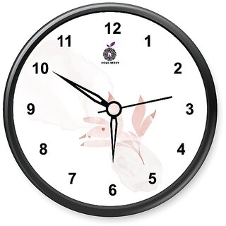 Homeberry- 26cm x 26cm Plastic & Glass Wall Clock - Pink Leaves (Floral- Minimalistic Design, White with Black Frame)
