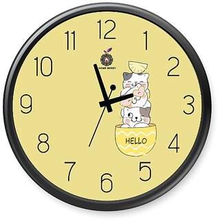 Homeberry- 26cm x 26cm Plastic & Glass Wall Clock for Kid's Room- Cats (Animal Print, Yellow- Beige with Black Frame)