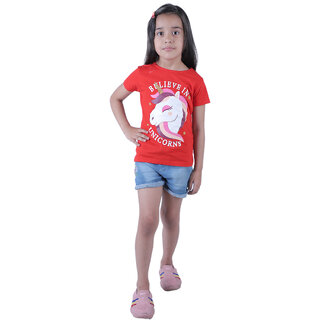                       Kid Kupboard Cotton Girls T-Shirt, Red, Half-Sleeves, Crew Neck, 6-7 Years KIDS4104                                              