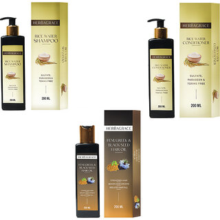                       HERBAGRACE Combo Kit Fenugreek & Black Seed Oil, Rice Water Shampoo and Rice Water Conditioner 200ml Each                                              