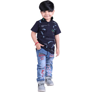                       Kid Kupboard Cotton Baby Boys T-Shirt, Black, Half-Sleeves, Collared Neck, 2-3 Years KIDS4119                                              