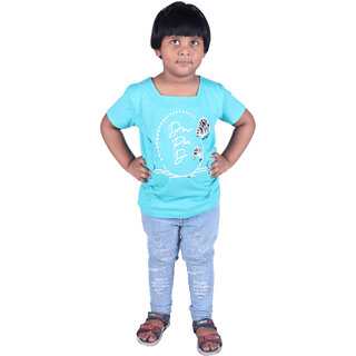                       Kid Kupboard Cotton Baby Girls T-Shirt, Light Blue, Half-Sleeves, Square Neck, 3-4 Years KIDS4124                                              