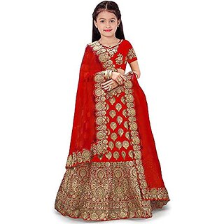                       Heaven Blue Girls Raw Silk Semistitched Lehenga Choli                                              