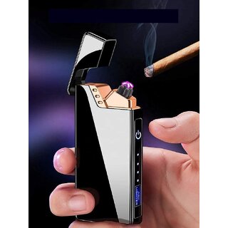 Cigarette Lighter for Men,Smoking, Gifts, Electric Arc, Plasma Flameless Windproof with Battery Display USB Rechargeable Lighter - black