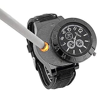 USB Cigarette Lighter Watch Rechargeable flameless Windproof Unique Designer Wristwatch .2 in 1 Watch Lighter for Cigarette Stylish (Black)