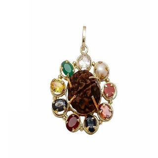 CEYLONMINE-Natural effective Stone Navratan With Rudraksha Pendant Gold Rhodium Pendant CEYLONMINE-Natural effective Stone Navratan With Rudraksha Pendant Gold Rhodium Pendant
