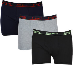 Semantic - Pack of 3 Plain Long Trunk for Mens - 100 Cotton Boxer Brief - Underwear Available in Black, Navy Blue  Grey Melange  in Sizes L (Large) with Regular Rise  Elastic Waistband
