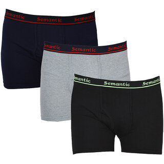 Semantic - Pack of 3 Plain Long Trunk for Mens - 100 Cotton Boxer Brief - Underwear Available in Black, Navy Blue  Grey Melange  in Sizes L (Large) with Regular Rise  Elastic Waistband