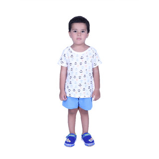                       Kid Kupboard Cotton Baby Boys T-Shirt and Short, White and Blue, Half-Sleeves, Crew Neck, 2-3 Years                                              