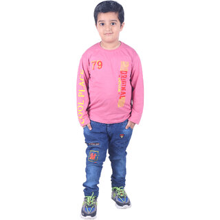                       Kid Kupboard Cotton Boys T-Shirt, Light Pink, Full-Sleeves, Crew Neck, 5-6 Years KIDS3251                                              