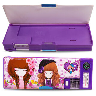                       Aseenaa Magnetic Pencil Box With Sharpener Large Capacity Cute Doll Theme For Kids  Pack Of 1  Colour - Purple                                              