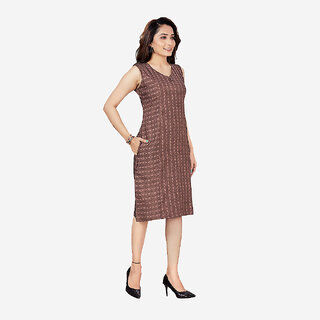 Tat2 Fashions womens brown colour casual midi dress viscose blend fabric V neck, suitable for evening occasion-8072brown