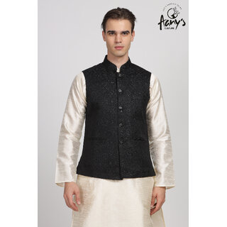                       Anny's Culture Black Floral Pattern Polyester Wedding Nehru Jacket (Koti) S                                              