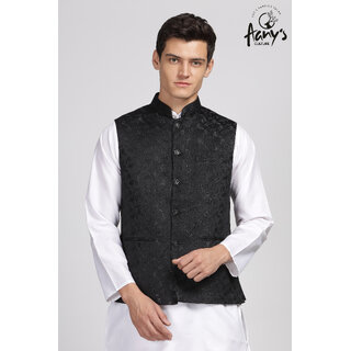 Anny's Culture Black Floral Pattern Polyester Wedding Nehru Jacket (Koti) S