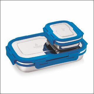 BLAZE Stainless Steel Tiffin Box with 4 Side Lock Lid, 900 ml and Inner Stainless Steel Container, 200ml, Blue lunch box