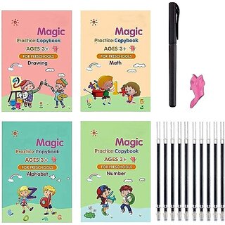                       Sank Magic Practice For Kids Copybook, Magic Practice Book For Kids(4 Book + 10 Refill+ 1 Pen +1 Grip) Number Tracing Book For Preschoolers With Pen (Spiral, India)                                              
