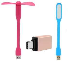 Combo of USB Fan + Flexible USB Light + Type C OTG Adapter Multicolor (Pack of 3)