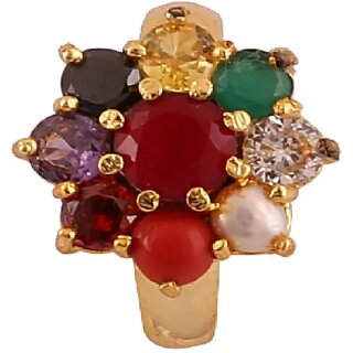                       Flower design, Adjustable size, Fashion finger ring Women Brass navaratna Gold Plated Ring                                              