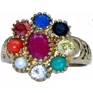                       Flower Shaped Gold Plated Brass Navratna/Navratan/Navgrah/9/Nine Synthetic/Artificial Gemstone Adjustable Ring                                              
