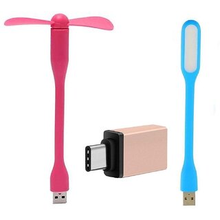 Combo of USB Fan + Flexible USB Light + Type C OTG Adapter Multicolor (Pack of 3)