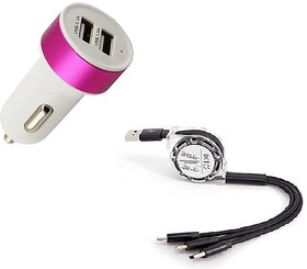 Combo of Car Charger and Multi Retractable 3.0A Fast Charger Cord, Multiple Charging Cable