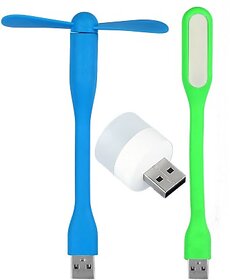 Triple Combo of Portable USB Light, USB Fan and  Mini USB Bulb (Use With Laptop, Phone, Desktop)