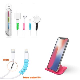                       Combo of Spiral Charger Cable Cord Protector (4 Piece) with Universal Phone Pyramid Shape Holder Mobile Stand (1 Piece)                                              