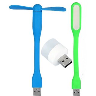 Triple Combo of Portable USB Light, USB Fan and  Mini USB Bulb (Use With Laptop, Phone, Desktop)